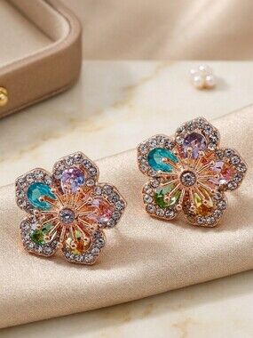 Multicolor Crystal Flower Stud Earrings Gold Tone Rainbow Floral Jewelry